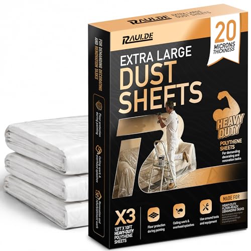 Image of RAULDE Plastic Dust Sheets for Decorating Heavy Duty 12x10FT – 3 Pack Clear Plastic Sheeting – 20 microns Waterproof Floor Protection Sheet for Painting, Furniture Cover & DIY – Polythene Sheets