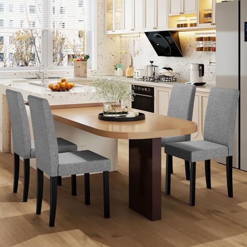 Image of COSTWAY Fabric Armless Dining Chairs Set of 4, Upholstered Kitchen Side Chair w /Rubber Wood Legs, Padded Seat & High Backrest, Mid-Century Modern Accent Chairs for Living Room Restaurant (Light Gray)