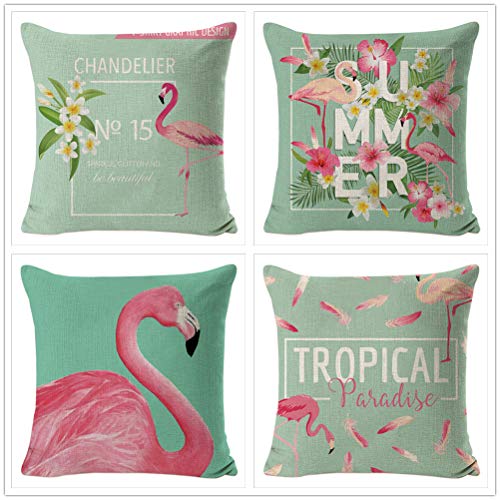 AZZXZONa Fundas De Cojines 45X45Cm Sofá Cama De Lino Silla Decoración para El Hogar Fundas De Almohadas Cuadradas Cremallera Invisible 18X18 Pulgadas Flores De Flamenco Rosa Cojines Juego De 4