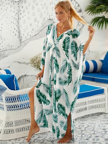 Image of IMAGEKOPE Women's Plus Size Animal Print V-Neck Batwing Kaftan Beach Dress Bathing Suit Cover-Up Loungewear
