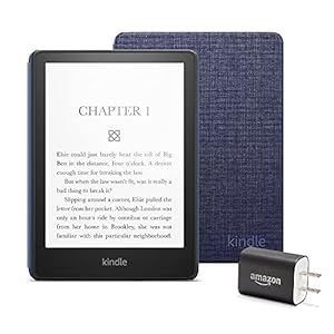 Kindle Paperwhite Essentials Bundle including Kindle Paperwhite (16 GB), Fabric Cover – Deep Sea Blue, and Power Adapter
