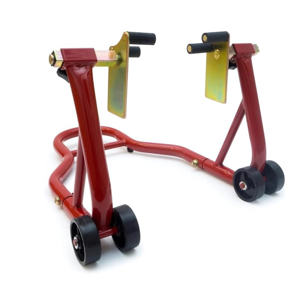 Béquille Avant d’Atelier Moto Universelle - Support Réglable avec roulettes en PVC et Supports Caoutchouc (Rouge)