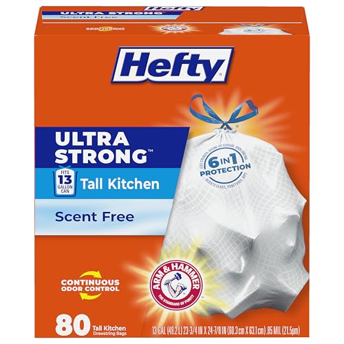 Hefty Ultra Strong 13 Gallon Trash Bags, Tall Kitchen Trash Bags 13 Gallon Size, Drawstring Closure, Continuous Odor Control, White, Unscented, 80 Bags
