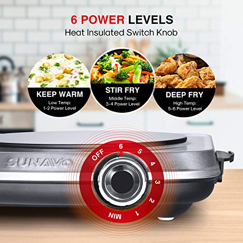 SUNAVO Electric Infrared Burner, 1200W Ceramic Glass Hot Plate, 6 Power Levels Stainless Steel Single Burner for Kitchen Camping RV and More Silver