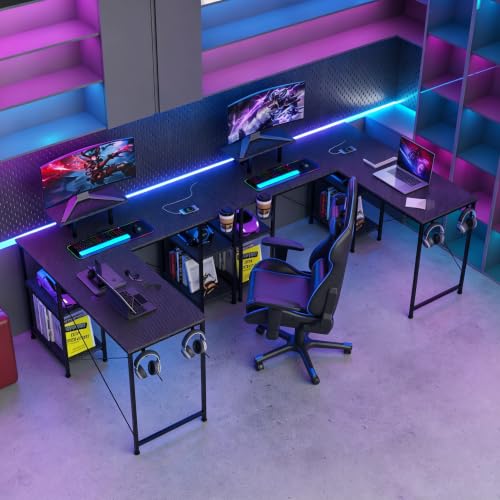 HaodaCulture Bureau Gaming 210x50, Bureau Gaming avec 4 Rangement, Table Gaming Forme L déformable, 3 Types d'installation, pour Etudier, Jouer et Travailler