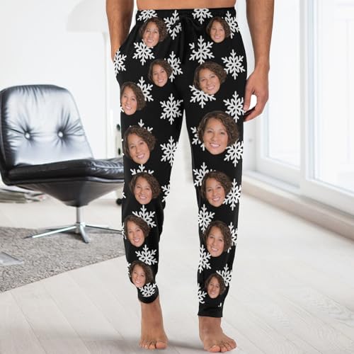 Personalized Photo Face For Mens Sleepwear Photo Face Snowflakes White Custom Pajama Pants for Gifts with Pockets4