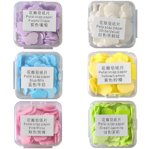 EiEiFiFi Lot de 6 boîtes de papier à savon jetables portables avec boîte de rangement - Mini savon parfumé pour le bain - Pour voyage, camping, randonnée, extérieur, toilette (480P)