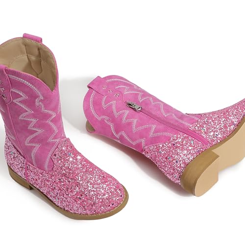 PANDANINJIA Girls Cowgirl Boots Mid Calf Sequin Cowboy Boots Toddler Little Big Kids Round Toe Western Riding Horse Shoes Booties3