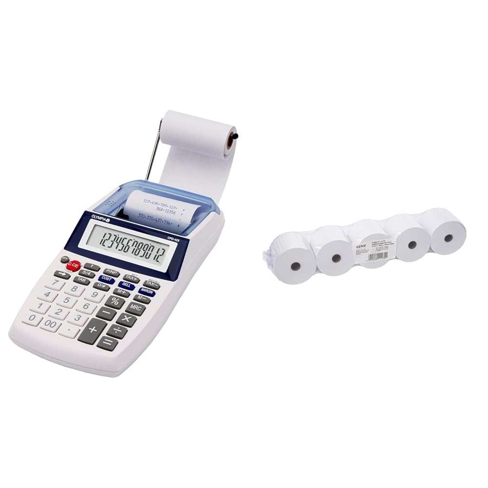 Olympia Tischrechner mit Papierrolle mit 12-stelliger LCD-Anzeige 57mm Breite & Genie Additionsrollen Ersatz-Papierrollen geeignet für Kassen und druckende Tischrechner weiß, 5 Stück