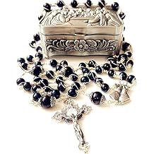 elegantmedical HANDMADE Sterling Silver Wire Wrapped Black Pearl Beads Catholic Rosary Cross Necklace box
