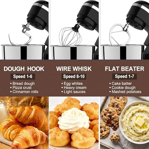 Image of 6in1 Stand Mixer with 6.5 Quart Bowl, 660W 10+p Speeds Kitchen Food Mixer Tilt-Head Bread Dough and Cake Mixers for Home Daily Use (Black)