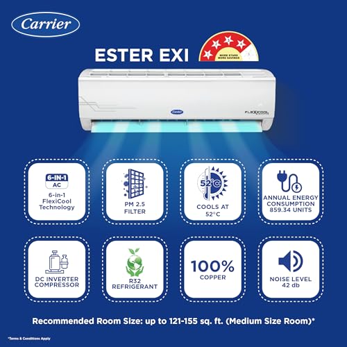 Image of Carrier 1.5 Ton 4 Star AI Flexicool Inverter Split AC (Copper, Convertible 6-in-1 Cooling,Dual Filtration with HD & PM 2.5 Filter, Auto Cleanser, ESTER NEO Exi, CAI18ES4R33F0,White)