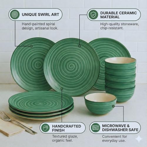 Image of Freakway Hand-Painted 'Sea Swirls' Ceramic Dinner Set of 12 Pieces | 6 Ceramic Dinner Plate and 6 Bowl /katori | Bone Ash Free | Microwave and Dishwasher Safe - Green