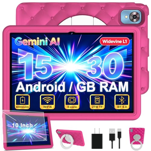 DMOAO Tablet para Niños 10 Pulgadas Android 15 con 30 GB RAM, 5G WiFi 6, Control Parental, 8-Core, 8MP + 5MP, 6000 mAh, Tablet Infantil con Funda Protectora EVA + Soporte 360° Giratorio, Rosa Rojo