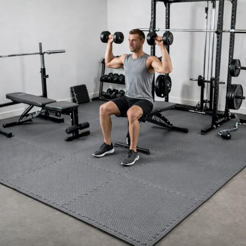 Image of EASY HOME Gym Mats for Floor for Home and Living Room, Interlocking Rubber Floor Gym Mat for Exercise, Super Absorbent EVA Foam Workout Mat- 60x60cm - 12mm Thickness, Grey (Pack of 24-96 Sq Ft Area)