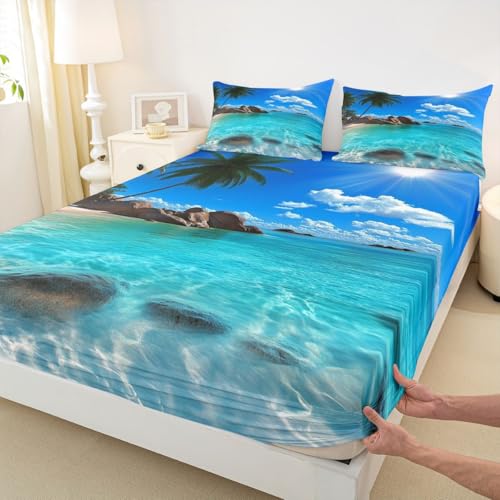 Image of jejeloiu Ocean Beach Bed Sheets Sets Full Size Kids Boys Girls Blue Sky Sea Bedding Set Tropical Palm Trees Bed Sheet Set with 16-Inch Deep Pockets 4Pcs with 2 Pillow Cases