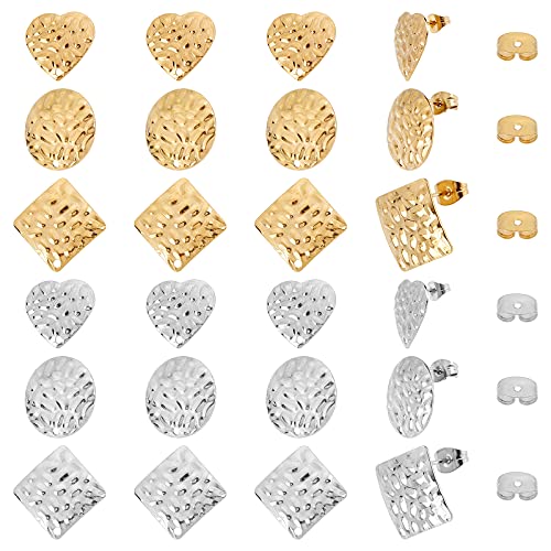 SUNNYCLUE 1 Box 12 Pairs 3 Styles Stainless Steel Stud Earring Geometric Flat Round Heart Square Earring Findings with Hole for Women Adults DIY Jewelry Making