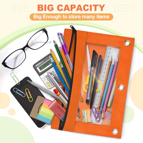 Image of Shemira Pencil Pouch for 3 Ring Binder, Binder Pencil Pouch with Smooth Zipper, Clear Window Pencil Case for Binder, Zipper Pencil Pouches, Big Capacity 3 Ring Binder Pencil Bag, Orange