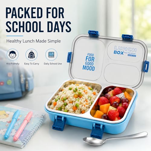 Image of Stainless Steel Lunch Box with 3 Compartments Leak Proof Airtight Lid BPA Free Food Storage Container Durable Portable Bento Tiffin for Kids, School Picnic (2 Compartment Blue)