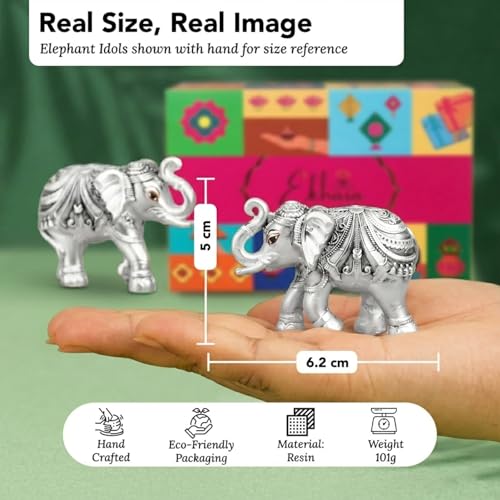 Image of Ekhasa 999 Pure Silver Plated Elephant Pair Showpiece with Gift Box | Silver Idol Set Home Decor Office Desk | Good Luck Feng Shui Vastu Animal Pair Religious Housewarming Griha Pravesh Gift