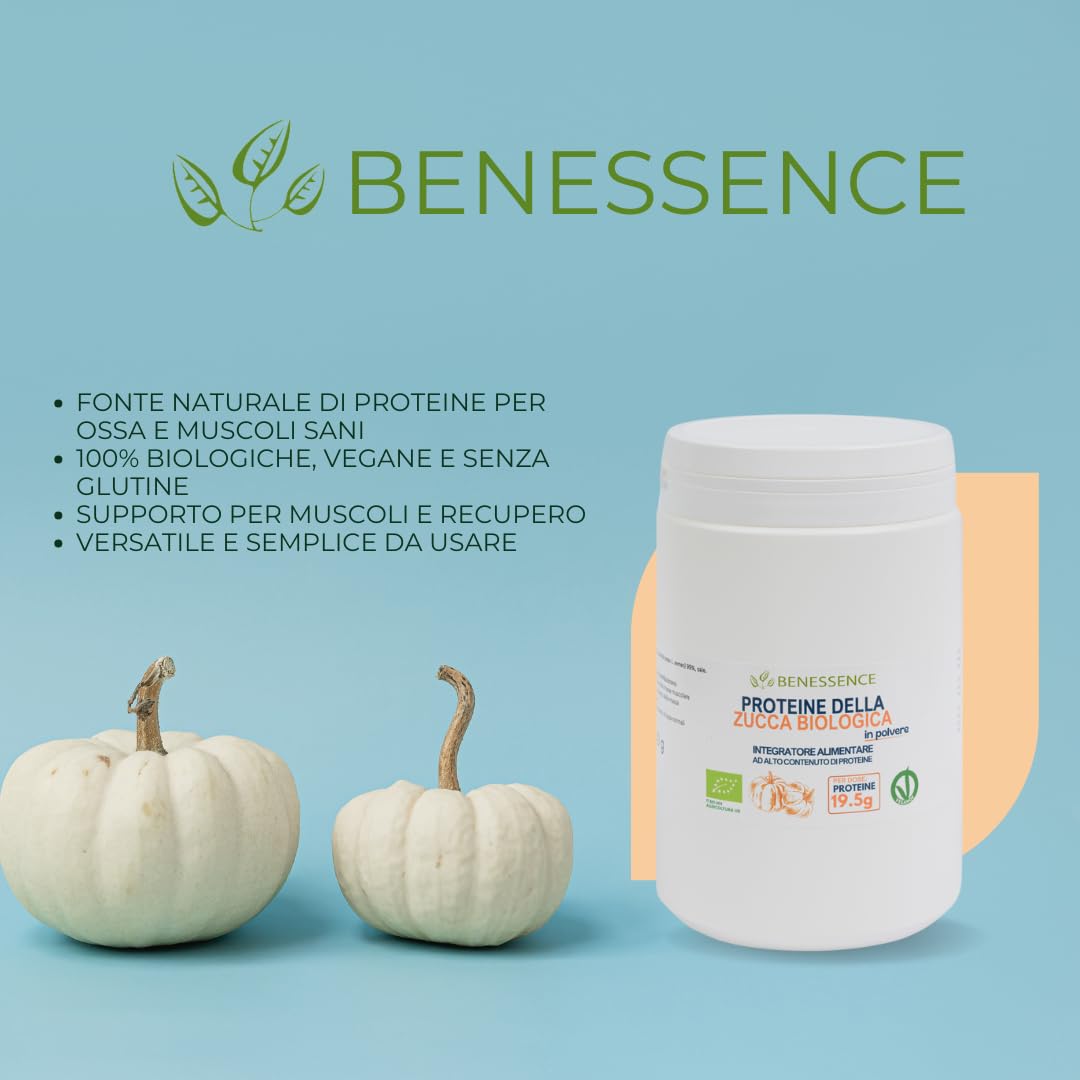Benessence - Proteine vegetali della Zucca Biologica in Polvere - 2x500g - con il 60% di proteine per il benessere dei muscoli e delle ossa