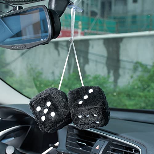 Image of 2.95'' Retro Fuzzy Plush Dice Car Charm Square Rear View Mirror Hanging Ornament Accessories, Black