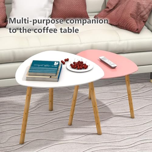 Image of Modern Wooden Nesting Side Table Set of 2 for Living Room | Space Saving Sofa Side Table | Bedside End Table | Multipurpose Accent Tables for Home Bedroom Office (Pink White, Nesting)