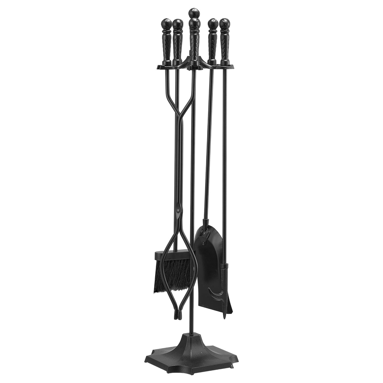 VEVOR Kaminbesteck-Set, 5-tlg. Ofenbesteck-Set, fünfzackiger Ständer, Zange, Ascheschaufel, Bürste, Schürhaken, Kaminzubehör aus Schmiedeeisen für Lagerfeuer drinnen/draußen, Schwarz
