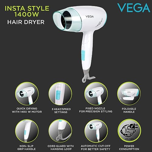 Vega Insta Look 1400 Watts Foldable Hair Dryer for Women with Automatic Cut-Off, Cool Shot Button & 3 Heat/Speed Settings, Foldable Handle with Non Slip Grip Handle, (VHDH-23) - Image 2