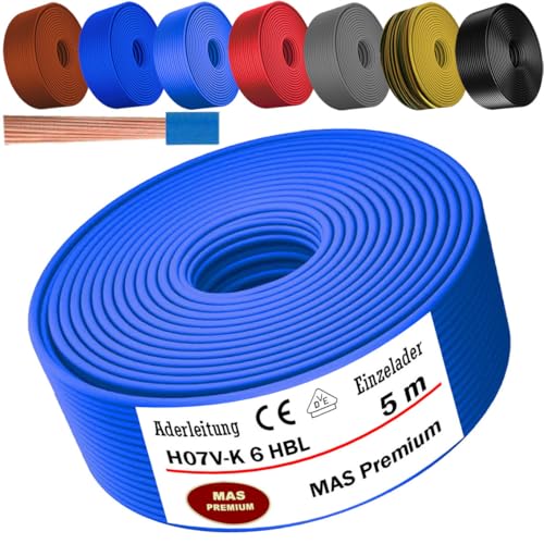 MAS Premium De 5 à 100 M Câble H07 V-K 6 Mm² Noir, Marron, Bleu Foncé