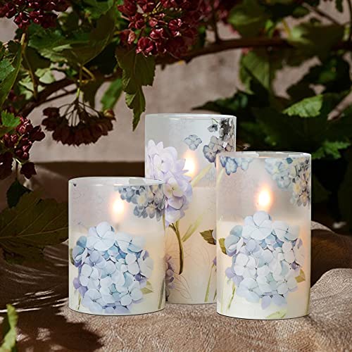 Image of Eldnacele Hydrangea Glass Flameless Candles with Remote and Timer, Realistic 3D Wick Flickering Real Wax LED Window Candle Battery Operated Dinner Wedding Spring Decorations(3 x 4,5,6 Inch)