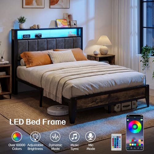 Image of OLEVS Full Size Bed Frame with Charging Station & LED Light, 2-Tier Storage Headboard & Footboard, Type C & USB Ports Metal Platform Bed, No Box Spring Needed, Easy Assembly