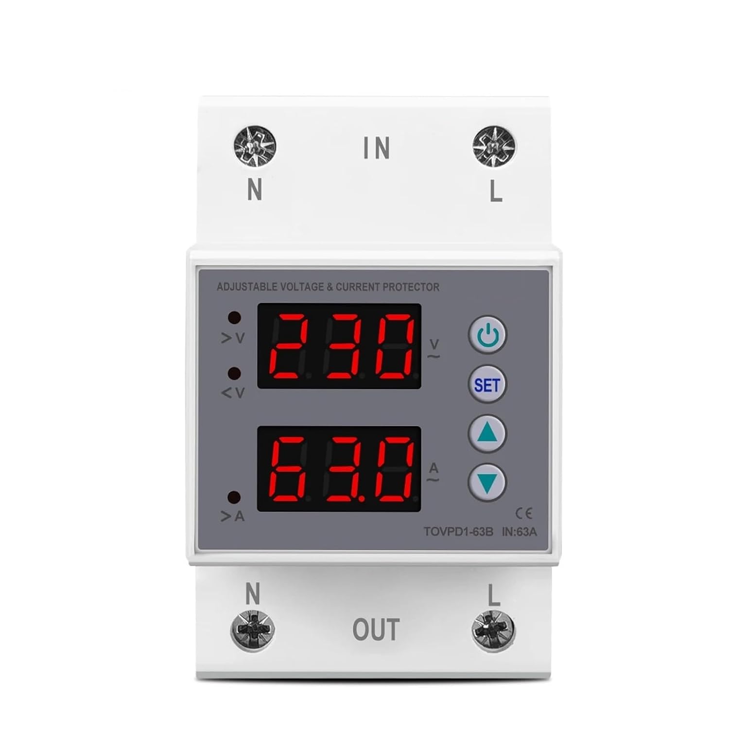 TOVPD1-63B 63A Din Rail 230V Adjustable Over Under Voltage Protective Device Protector Relay Monitor Current 3P 54m 1Pcs