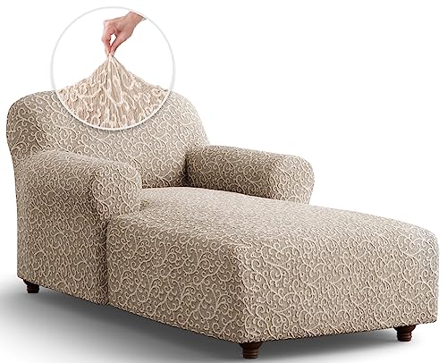 PAULATO BY GA.I.CO. Chaise Lounge Cover - Lounge Chair Sofa Slipcover- Soft Fabric Slipcovers - 1-Piece Form Fit Stretch Furniture Slipcover - Jacquard Collection - Beige Arabesco (Chaise Sofa)
