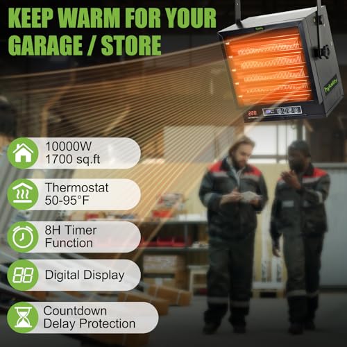 Hykolity Electric Garage Heater, 10,000W Fan-Forced Ceiling Mount Heater with Remote, 240V Hardwired Heater with Thermostat for Garage, ETL Certifed