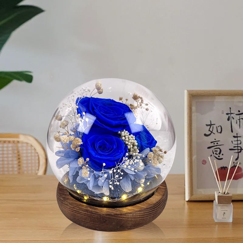 Preserved Royal Blue Rose Arrangement in Glass Dome, LED Light Base, 3 Roses with Blue Hydrangea, 4.7 inch Diameter - Image 6