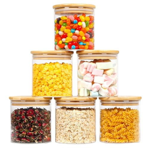 MUUKAIII Tarros de Cristal con Tapa Bambú, Juego de 6 Tarro de Vidrio de Almacenamiento Botes Cocina Almacenaje para Avena, Café, Judías, Té，Especias
