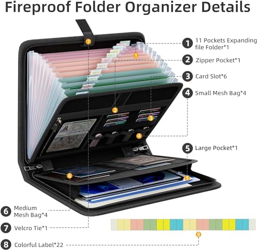 Organizador de arquivos sanfonado à prova de fogo, pasta de arquivos expansível portátil com zíper e