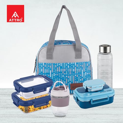 Image of ATTRO Easy Carry Insulated Lunch Bag, 7.5 Liter- Waterproof & Durable, Stylish Carry Bag for Kids, School, Office, Travel & Picnic, Spacious with Easy-to-Carry Handles -Blue