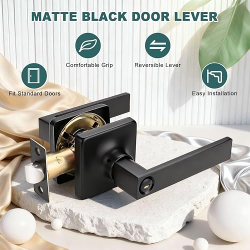 Image of GOBEKOR 1 Pack Square Privacy Door Levers Matte Black Lever Door Handles Interior for Bedroom and Bathroom Door Locks Straight Door Handles
