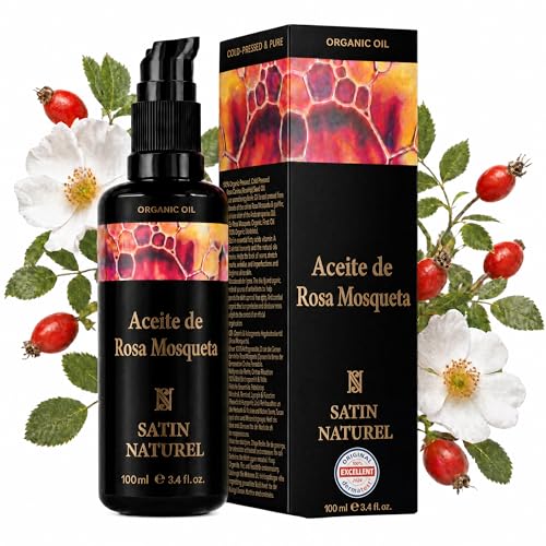 Satin Naturel Aceite de Rosa Mosqueta Bio 100 ml – 100% Rosa Canina Pura Prensada en Frío – Aceite para Rostro, Cuerpo, Masaje y Cabello – Aceite de Rosa Silvestre para Piel Seca con Efecto Antiedad