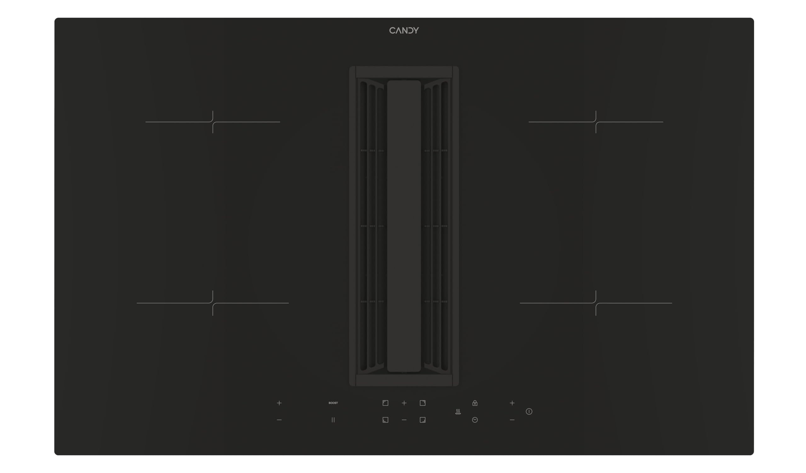 Candy CIH8I4CF Placa de Inducción con Campana Integrada, 4 Zonas, 80CM, 9 Niveles de Potencia, 7KW, Mandos Independientes, Temporizador, Bloqueo Seguridad, Alerta Sobrecalentamiento y Derrames, Negro