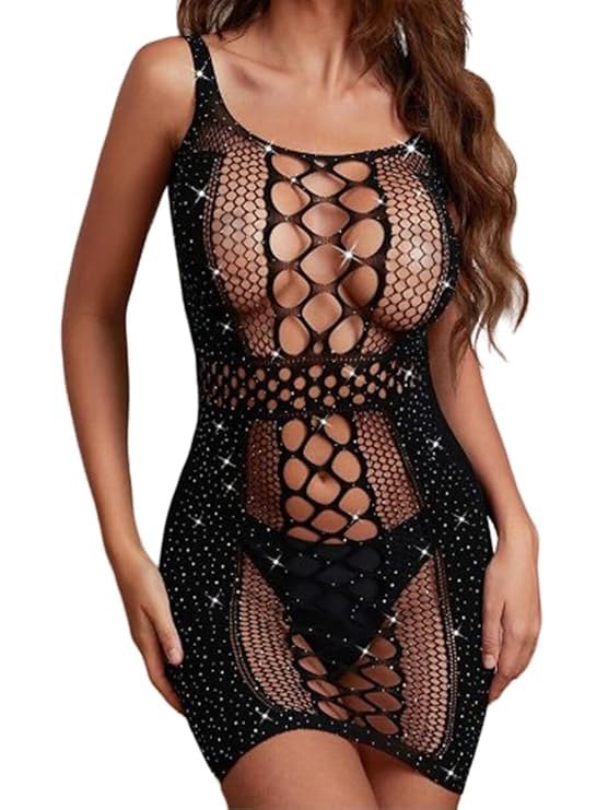 luvreena Fishnet Mesh Chemise Babydoll Mini Dress, Lace, Sparkle Rhinestone, One Piece, Black, Women-picture-16