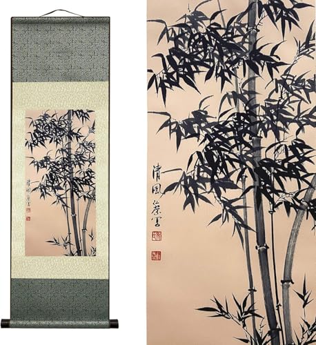 AtfArt Seidenschnörkelmalerei Asiatische Wanddekoration Bambusblattpflanze Handbemalt Antiker Bambus Schöne Chinesische Kunst Wandrolle Hängende Malerei Orientalische Dekoration