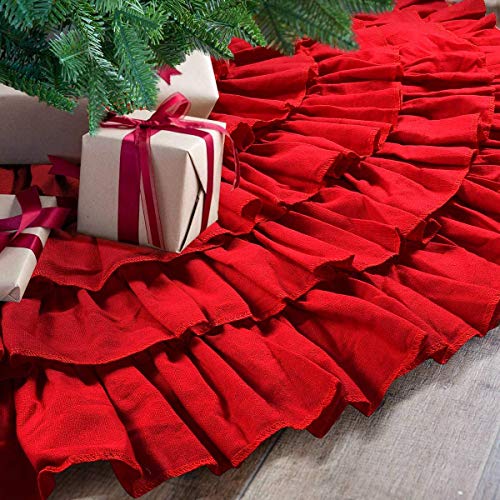 Tiosggd Christmas Tree Skirt Ruffle Tree Ornaments 48 Inches Large Red Tree Mat Rustic Farmhouse Tree Rug Winter New Year Valentines Day Xmas Party Tree Decorations #TOP5