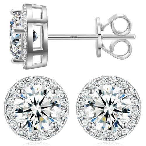 1.6 Carats Moissanite Halo Earrings 6MM Moissanite Stud Earrings for Women, 18k White Gold Plated 925 Sterling Silver Men Earrings D Color VVS1 Brilliant Cut Push Back by TUHE - Used condition - US$48.14