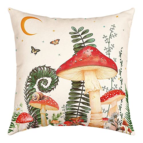 Jungle Plants Pillow Cover Reversible Print Watercolor Trippy Mushrooms Palm Leaves Square Throw Pillow Cover For Bed Or Sofa Decor Cute Snail Moon Shining Stars Decorative Cushion Cover,18"X18" #TOP21