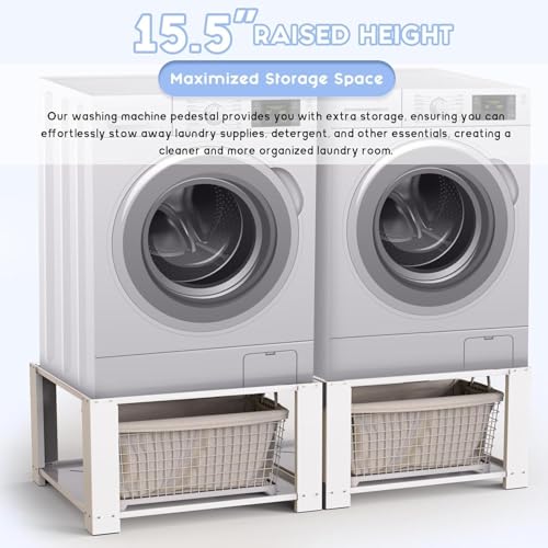 Image of 46432 Classic Washer and Dryer Pedestals Laundry Pedestal - 1Pcs 29 inch x 29 inch x 15.7 inch, Washer Pedestal, Washer and Dryer Shelf, Washing Machine Stand, Compartments for Storage, White