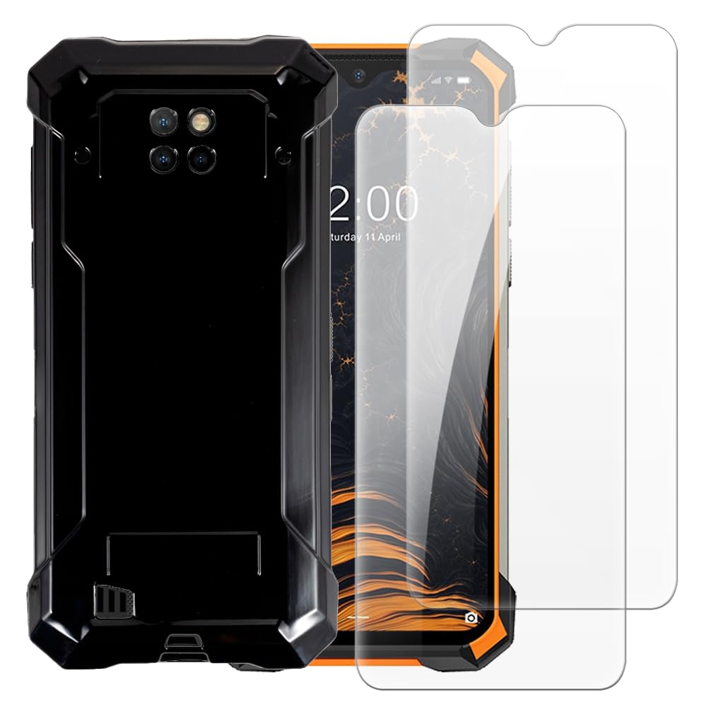 Case with 2 Pack Screen Protector Combo Compatible with Doogee S88 Plus, Shockproof Cover and Tempered Glass Set for Full Body Safety(Black)