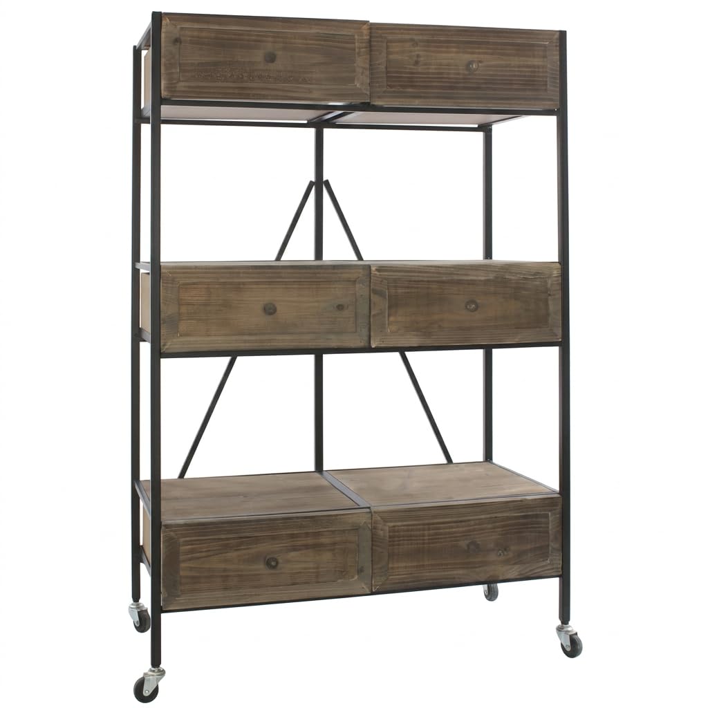 DiKasa Scaffale Industriale in Ferro e Legno con 6 Cassetti e Ruote, Mobile Contenitore per Soggiorno Cucina Studio, Struttura Nera e Cassetti Marrone Scuro 74x37x112 cm